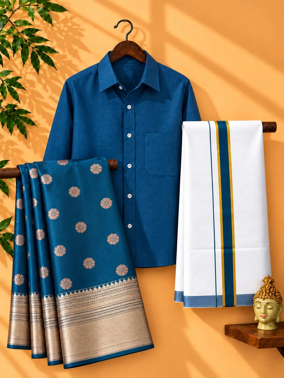 Peacock Blue Copper Zari Couple Combo Set